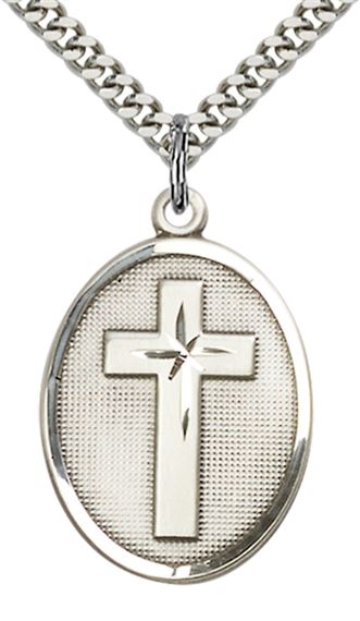 STERLING SILVER CROSS PENDANT ON A CHAIN - 1 1/8" x 3/4"